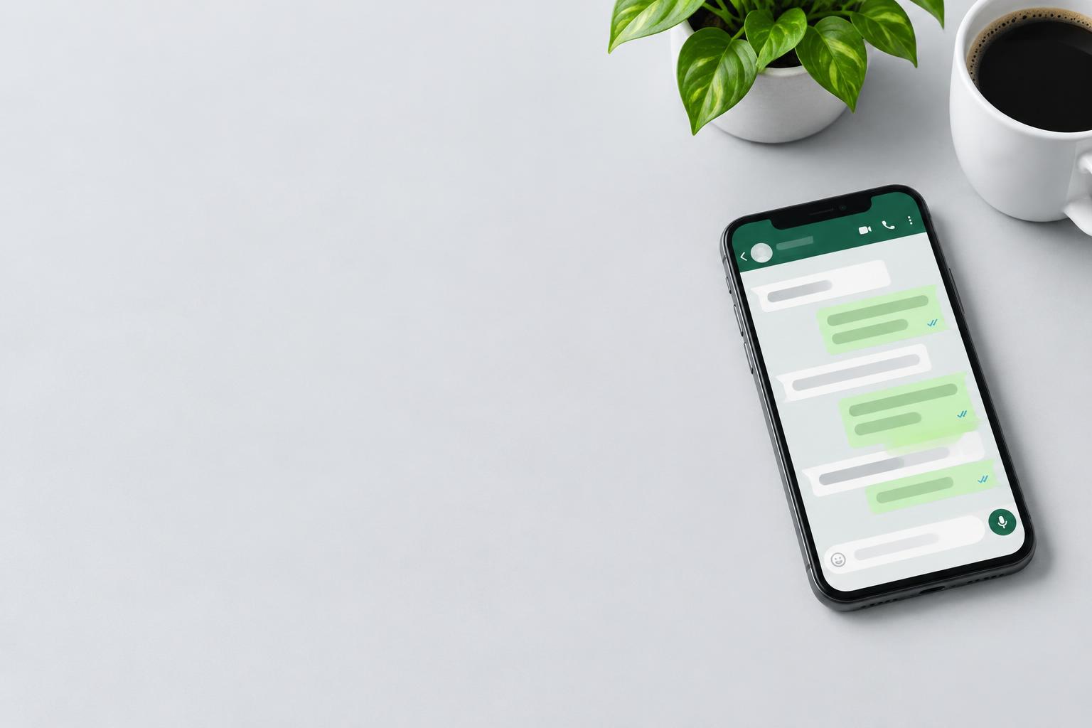 A phone displaying customer messages on a bright workspace
